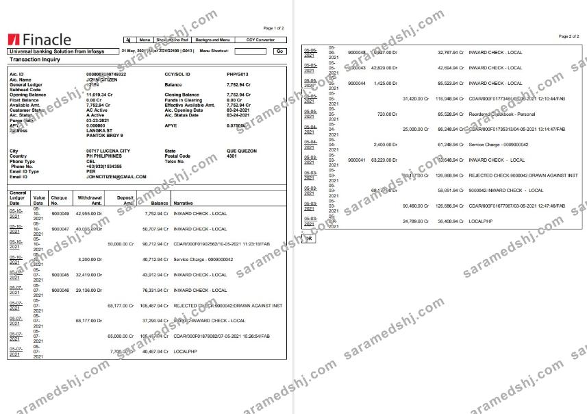 India Finacle bank statement in Word and PDF format (2 pages)